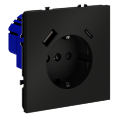 Розетка встраиваемая VOLTUM S70 с заземлением и защитными шторками, 16А, с USB, A+С, (черный матовый)
