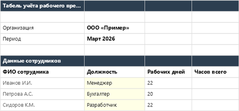 Табель учёта рабочего времени в Excel — p1_totals