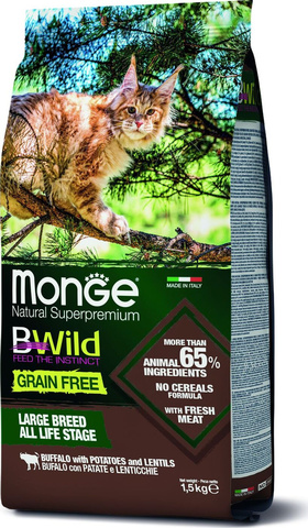 Monge Cat BWild GRAIN FREE беззерновой корм из мяса буйвола для крупных кошек всех возрастов 1,5 кг