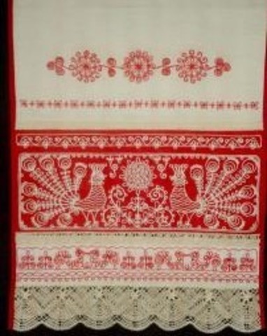 Свадебное полотенце - рушник с птицами, цветами и кружевом большое