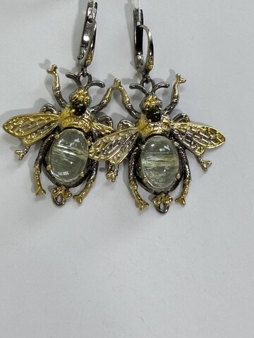 Жук-аквамарин (серьги из серебра с позолотой)