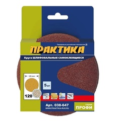 Круги шлифовальные на липкой основе ПРАКТИКА БЕЗ отверстий 125 мм, P120 (5шт.) (038-647)