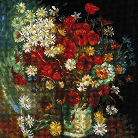 Ваза с маками, васильками и хризантемами по мотивам картины В. Ван Гога