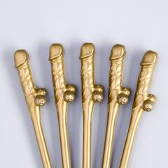 Золотистые коктейльные трубочки в виде пениса - 5 шт. - 