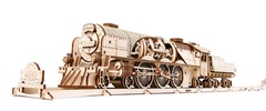 Локомотив с тендером V Express от Ugears. Деревянный конструктор, сборная механическая модель, 3D пазл. Поезд с вагоном