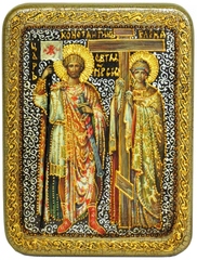 Инкрустированная икона Святые равноапостольные Константин и Елена 20х15см на натуральном дереве в подарочной коробке