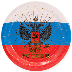 Тарелки (7''/18 см) Россия! (герб), Триколор, Металлик, 6 шт.