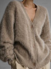 Удлиненный пушистый кардиган коричневый