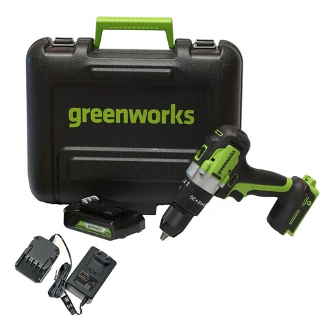 Дрель-шуруповерт ударная Greenworks GD24DD60K2 24V (60Нм) аккумуляторная, с АКБ 2 А/ч и ЗУ (в кейсе)
