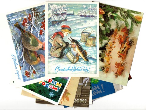 Подборка поздравительных Новогодних открыток — 10 штук— разные художники —чистые, без повторов, винтаж времен СССР