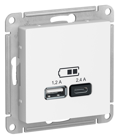 Розетка USB-зарядка двойная А+С 5В/2,4 А, 2х5В/1,2 А. Цвет Белый. Schneider Electric(Шнайдер электрик). AtlasDesign Nature. ATN000139