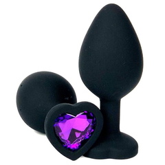 Силиконовая анальная пробка с кристаллом в форме сердца (черный/фиолетовый)