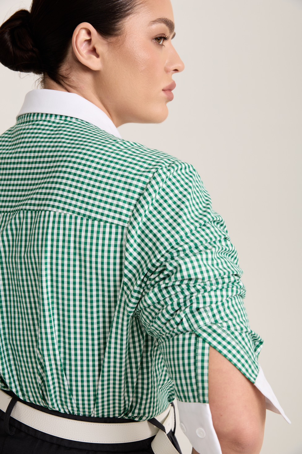 Рубашка в клетку с белым воротником, зеленый