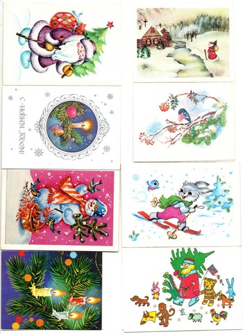 Подборка двойных мини поздравительных открыток — 8 штук— разные художники — чистые, без повторов