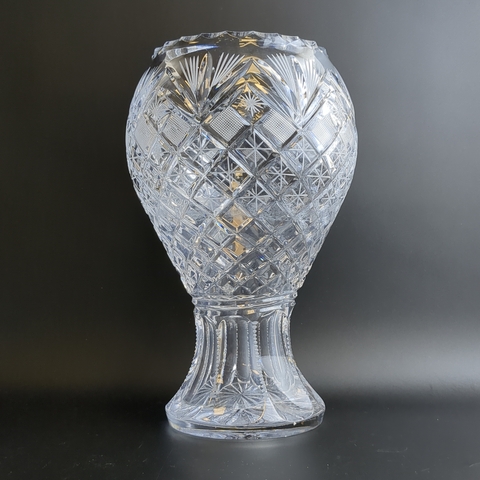 Большая шикарная ваза для цветов, алмазная грань, геометрический орнамент, матовый хрусталь, 28.5 см, ГХЗ, винтаж времён СССР 1970-1990 гг (152)