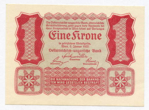 Банкнота Австрия 1 крона 1922 год. AUNC