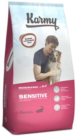 Сухой корм для собак Karmy Sensitive Medium & Maxi для здоровья кожи и шерсти при чувствительном пищеварении, лосось 14 кг (для средних и крупных пород)