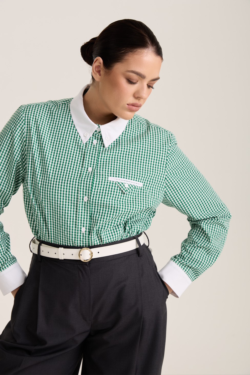 Рубашка в клетку с белым воротником, зеленый