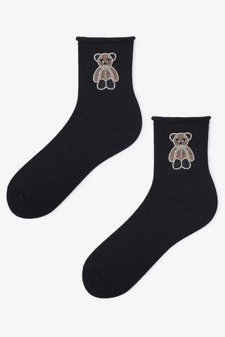 Носки женские с глянцевым мишкой из кристаллов MARILYN COTTON BLACK GOLDEN BEAR