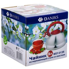 Чайник нерж, 3 л, свист, мат, ручк с силик покр, Daniks, красн, MSY-013R