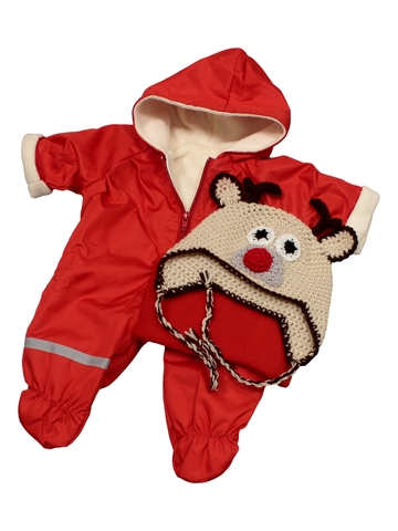 Комбинезон и шапка - Красный / олень. Одежда для кукол, пупсов и мягких игрушек.