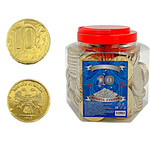 Сладкие монеты 10 рублей (банка) 1кор*6бл*150шт, 7гр