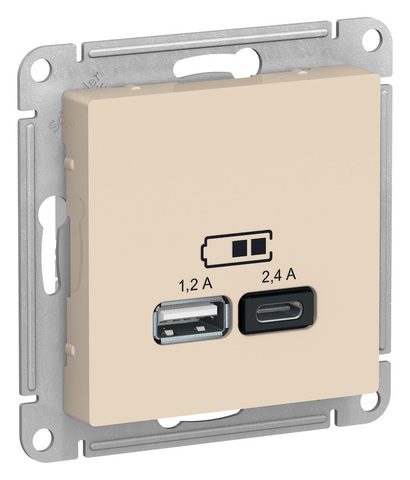 Розетка USB-зарядка двойная А+С 5В/2,4 А, 2х5В/1,2 А. Цвет Бежевый. Schneider Electric(Шнайдер электрик). AtlasDesign Nature. ATN000239