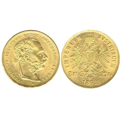 8 флоринов/20 франков 1892 год. Австрия. Золото AUNC