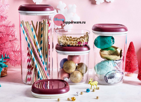 набор контейнеров кристалл с бордовыми крышками Tupperware