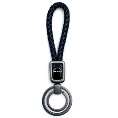 Брелок для ключей кожаный с эмблемой Man (кожзам, косичка, двойное кольцо, черный цвет)