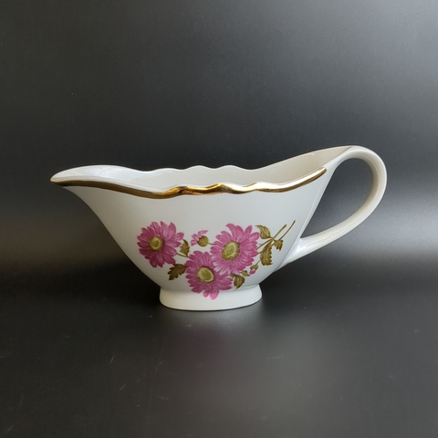 Соусник фарфоровый с ручкой Дулево ФЗ, цветы, золочение, винтаж времен СССР 1968-1991 гг