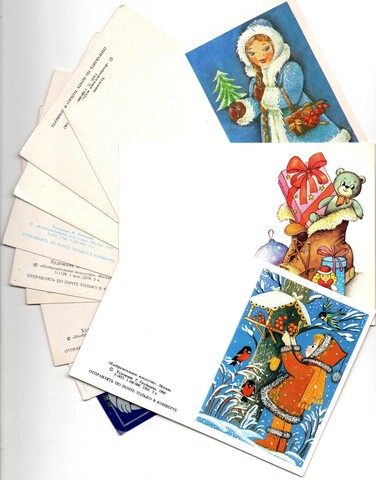 Подборка поздравительных двойных маленьких не сложенных новогодних открыток — 11 штук— разные художники, — чистые, без повторов времен СССР