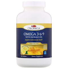 Oslomega, норвежская серия, омега 3-6-9 с маслом бурачника, лимонный вкус, 180 рыбных капсул