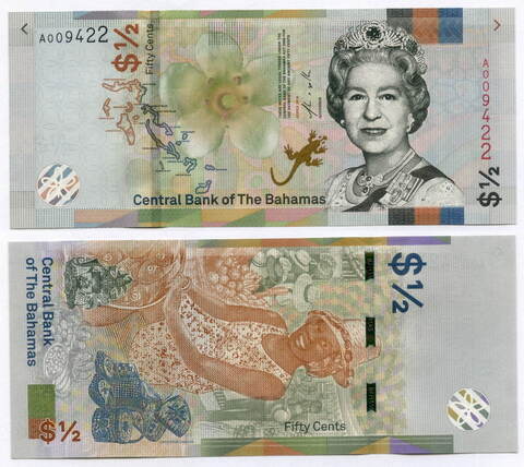 Банкнота Багамы 50 центов (1/2 доллара) 2019 год A009422. UNC