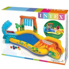 Игровой центр-бассейн 249х191х109 см, 216 л, Динозавр, горка, распылитель, мячики, от 2 лет, Intex, 57444NP