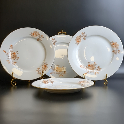 Тарелки набор из 4 штук D-19.5 см фарфор, роспись, из сервиза "Коралловая роза", золочение, EPIAG D.F Чехословакия, винтаж времен СССР 1960-1990 гг