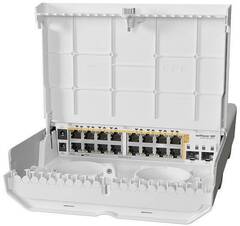 MikroTik netPower 16P with 800MHz CPU, 256MB RAM, 16x Gigabit LAN with PoE-out, 2xSFP+ cages, RouterOS L5 or SwitchOS (dual boot), outdoor enclosure, mounting kit (power supply NOT included)