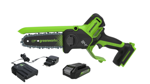 Цепная мини пила аккумуляторная Greenworks GD24CS15, 24V, 15см, бесщеточная, с автоматической смазкой цепи, c АКБ 2Ач и ЗУ ( 2010107UA) в сумке