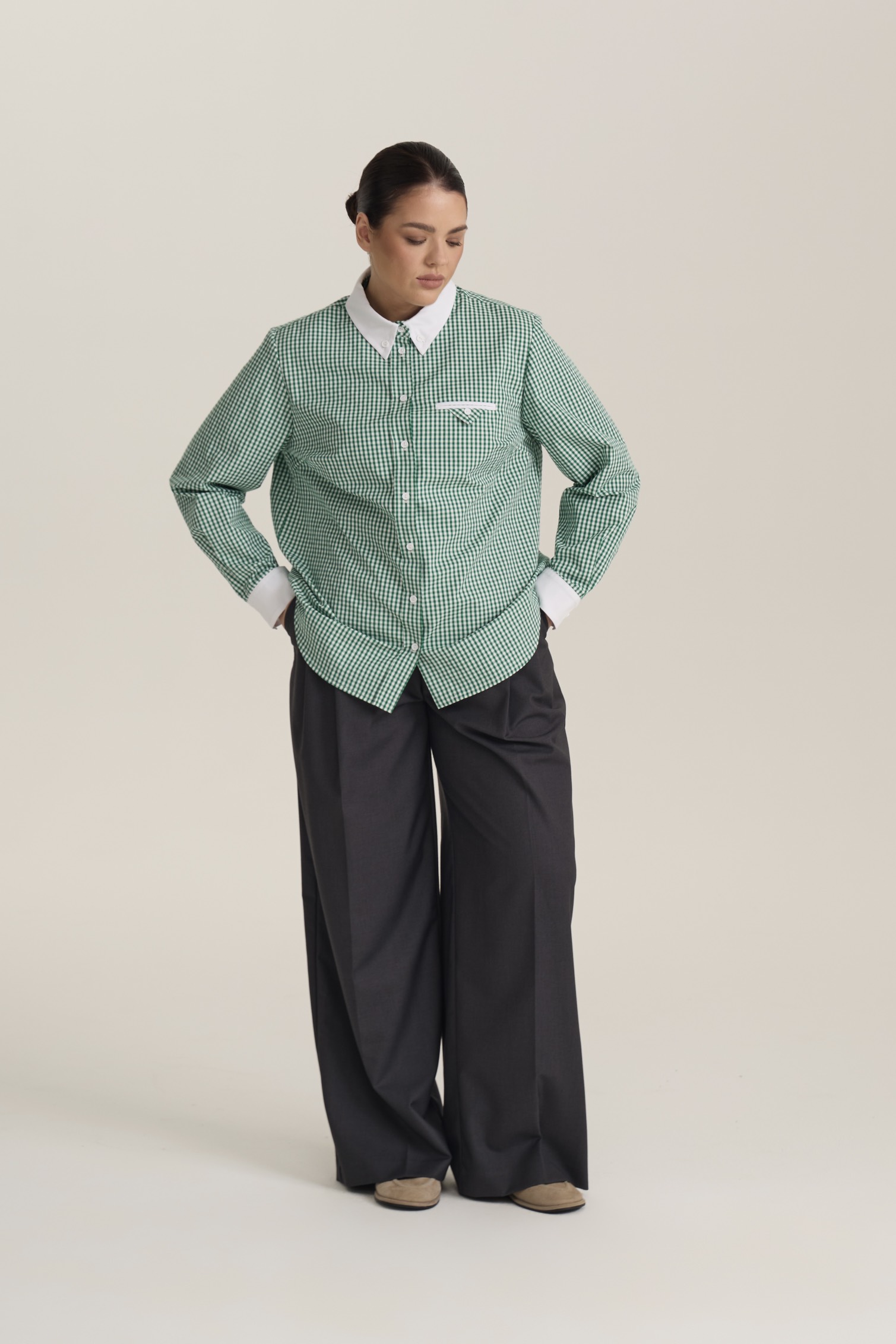 Рубашка в клетку с белым воротником, зеленый