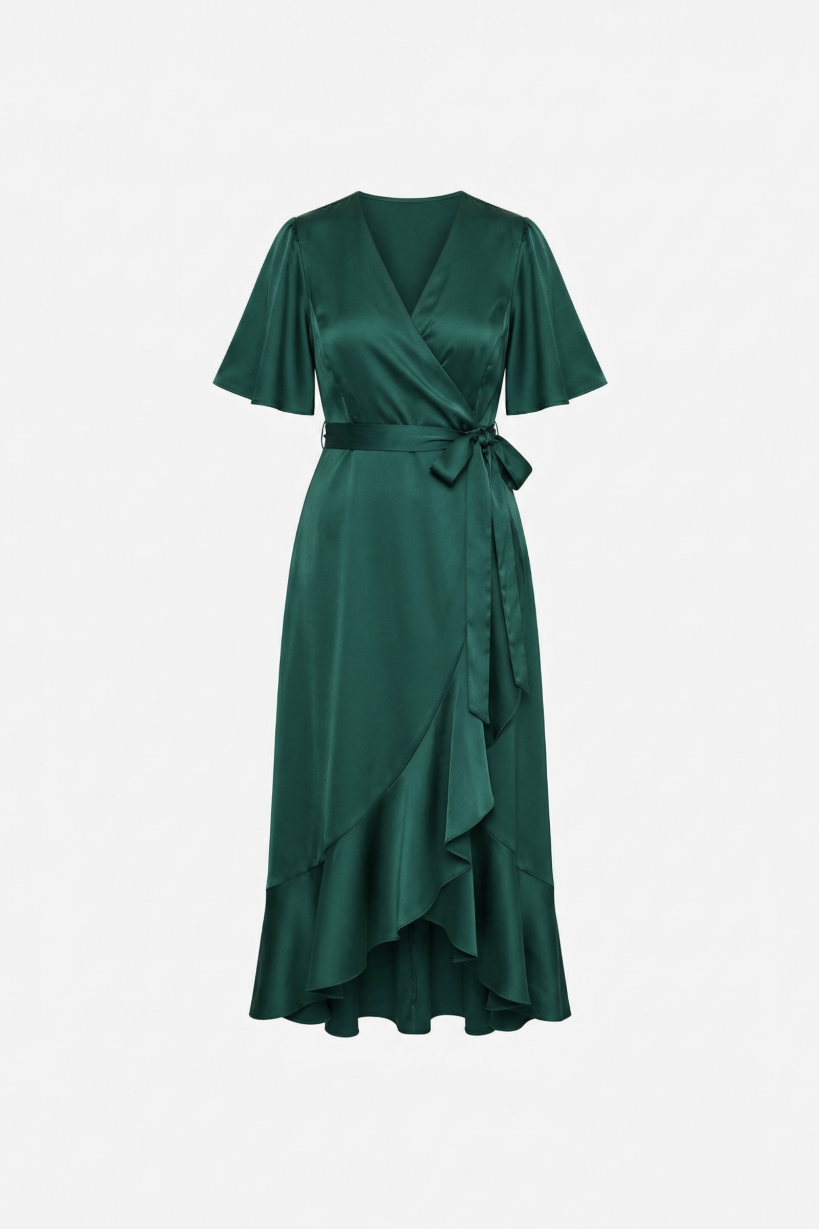 Платье на запах с воланами, изумруд