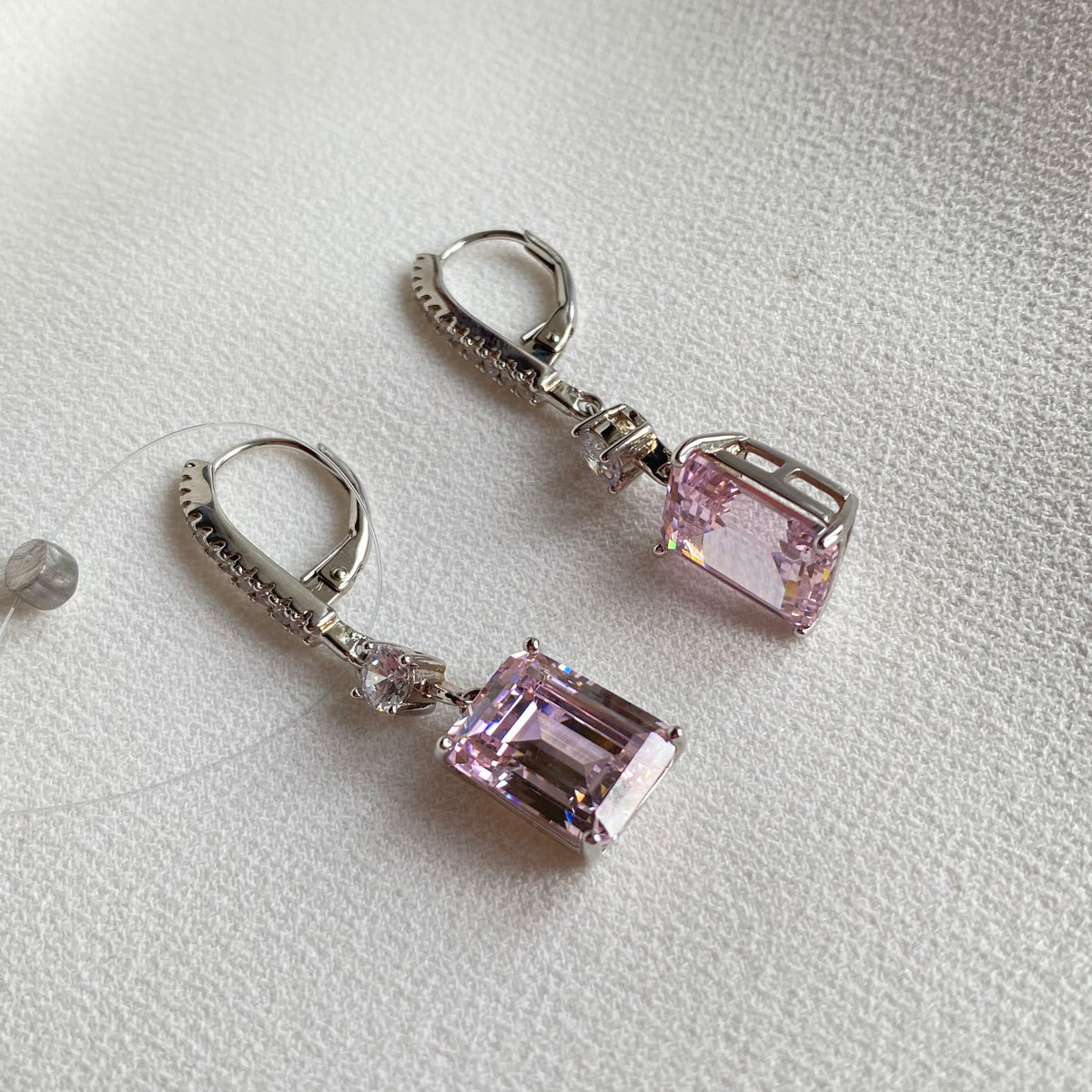 Серьги-петли с прямоуг подвесками pink diamond (циркон серебро925)