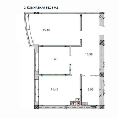 2-комн. квартира, 53,73 м²; 2,3 этажи