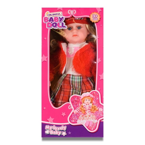 Кукла мягкая в красной жилетке в кор.
