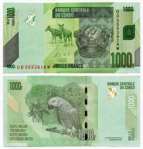 Банкнота Конго 1000 франков 2020 год QD5553818W. UNC
