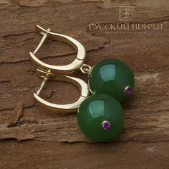 Серьги "Классика". Зеленый нефрит, фианиты. 12мм