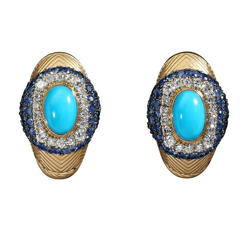 Серьги с Бирюзой, Сапфирами и Бриллиантами, E0087-0/27