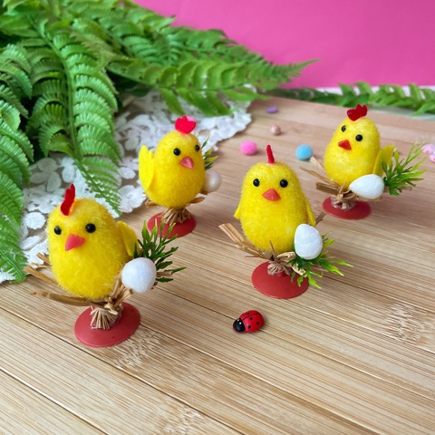 Цыплята пасхальные, декоративные, пушистые, 6 см на ветке, набор 4 шт.