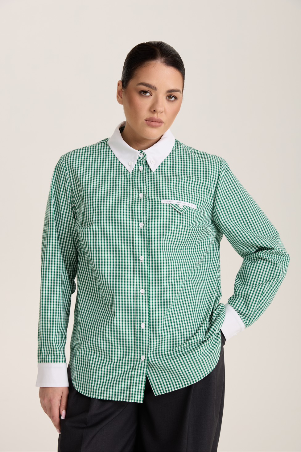 Рубашка в клетку с белым воротником, зеленый