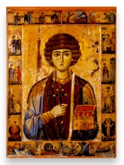 Пантелеимон Целитель святой великомученик с клеймами жития. Деревянная икона на левкасе