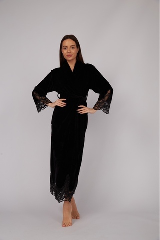Длинный женский халат с кружевом KAMEYA 1290 черный Турция